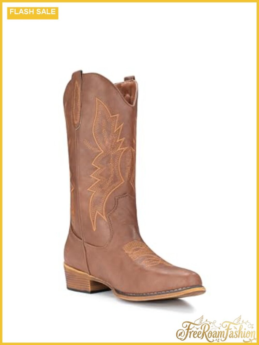 Women's Mid Calf Western Cowboy Boots Faux Leather Pull-On